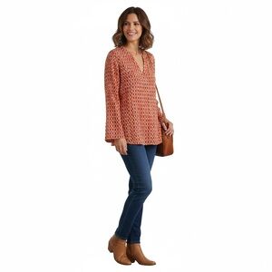 Chico’s Orange Geometric Split V-Neck Button Down Shirt size Large